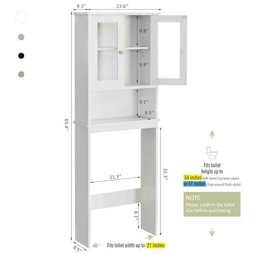 Over The Toilet Storage Cabinet for Bathroom, Storage Organizer Over Toilet, Space Saver with Tempered Glass Doors, White - color: White, style: Glass Doors