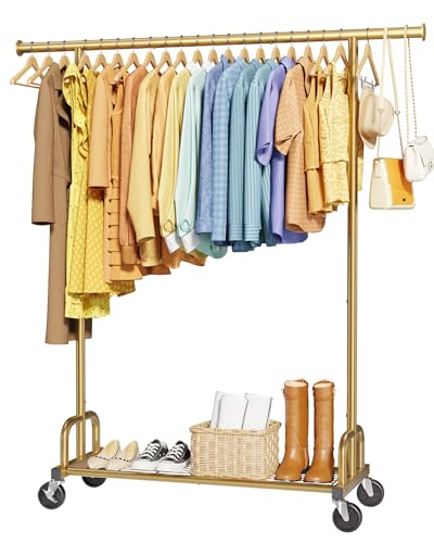 Sakugi Clothes Rack - Large-Capacity Clothing Racks for Hanging Clothes with Lockable Wheels, Space-Saving Metal Coat Rack for Bedroom, Laundry Room, Entryway, 45.6" x 16.9" x 59", Gold - color: Gold, size: 45.6" x 16.9" x 59"(1 Rod)