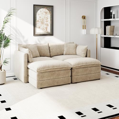 Aoowow Modular Sectional Sofa Modern Convertible Loveseat Couch,77.16 Inch Deep 2-Seater Sofas Comfy Chenille Cloud Sofas and Couches Set with 2 Movable Ottoman for Living Room Apartment（Camel） - color: Camel, size: 2 Seat + 2 Ottoman