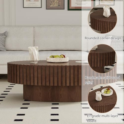 Oval Fluted Drum Coffee Table with Pedestal Base | 43.3'' Modern Brown Wooden Drum Center Table, Handcrafted Solid Wood Fluted Edge, For Living Room & Apartment - color: Oval Brown