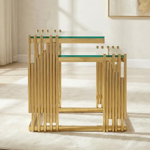 2-Piece Tempered Glass Coffee Table Set, Modern Nesting Tables with Gold Stainless Steel Frame, Space-Saving Accent End Tables for Living Room, Gold+Glass