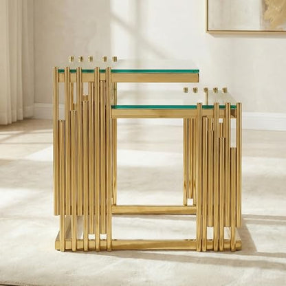 2-Piece Tempered Glass Coffee Table Set, Modern Nesting Tables with Gold Stainless Steel Frame, Space-Saving Accent End Tables for Living Room, Gold+Glass