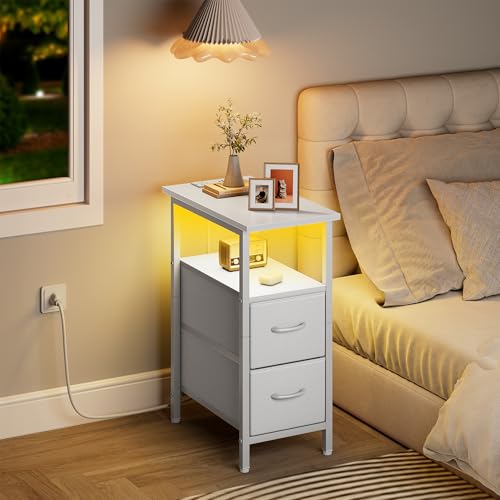 Set of 2 White Nightstand with Charging Station and LED Lights, Narrow Side Table, LED Night Stand with 2 Fabric Drawers, Bedside Table Small End Table, Tall Nightstand for Bedroom, White - color: White, size: 2, style: With LEDs