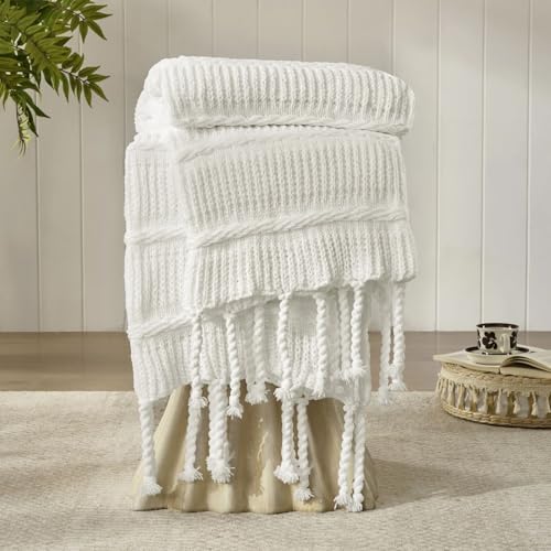 Boho Knitted Chenille Blanket with Tassels - Lightweight & Soft All-Season Throw - 3D Classic Pattern for Living Room Bedroom Couch, Cloud White, Queen 90"x90" - color: Cloud White, size: Queen