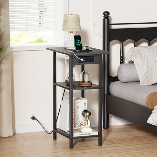 Asgolion Tall End Table with Charging Station, Tall Nightstand with Storage | 30 Inch Tall Side Table, Accent Table Stand, Small Entryway Table, Bedroom Tall Nightstand, Living Room, Office, Black - color: Black, size: 30"H