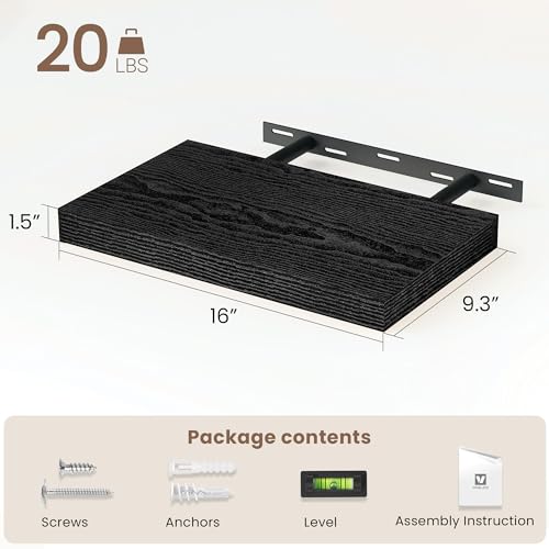 Vivelove Floating Shelves 9 inch Deep 16”Long Set of 2, Black | Easy Install With Hardware, 1.5" Thick, Invisible Brackets, Wall Mounted, No Sagging, For Any Room - color: Black, size: 16”wx9.3”dx1.5”h
