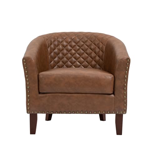 Faux Leather Accent Chair, Modern Barrel Club Chair, Brown | Comfy Upholstered Armchair for Living Room, Round Club Chair Single Sofa Bedroom Reading Seat | 26"D*29"W*29"H - color: Brown