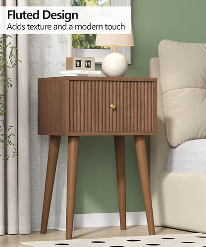 Akxomel Small Nightstand Set 2 Fluted Wooden Nightstands Wood Legs Walnut | Bedside Table with Storage Drawer, Modern Mid-Century End Side Table with Solid Wood Legs, for Bedroom, Office, Small Space - color: Walnut