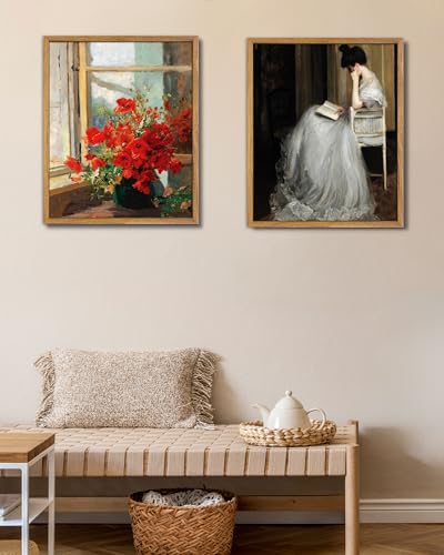 UPWOIGH Red Poppy Framed Impressionist Wall Art, 16 x 24 Inch | Red Poppy Bouquet by a Sunlit Window, Impressionist Oil Painting Style, Warm Wood Frame for Living Room and Bedroom - color: Red Poppies, size: 24"L x 16"W