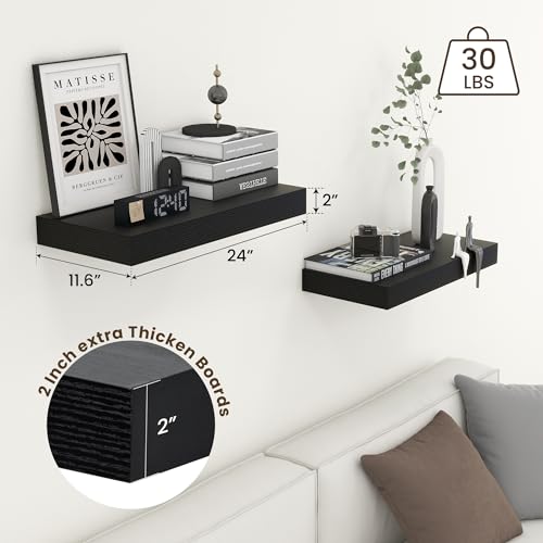 Deep Floating Shelves, 24'' x 12'' Black Shelves for Wall Set of 2 | Invisible Brackets, Engineered Wood, Mounting Hardware Included, 40LBS, Bathroom, Laundry Room, Kitchen, Living Room - color: Black, size: 24W x 11.6D x 2H, 2 Pack