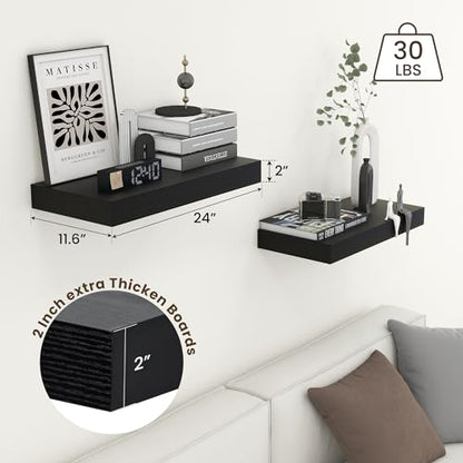Deep Floating Shelves, 24'' x 12'' Black Shelves for Wall Set of 2 | Invisible Brackets, Engineered Wood, Mounting Hardware Included, 40LBS, Bathroom, Laundry Room, Kitchen, Living Room - color: Black, size: 24W x 11.6D x 2H, 2 Pack