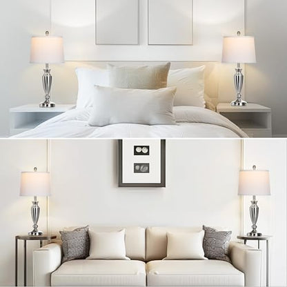 Rinweey Metal Table Lamps Set of 2, 3 Way Touch Control Silver Bedside Lamps with USB A+C Ports, Modern Brushed Nickel Nightstand Lamps for Bedroom Living Room - color: Silver-27"H