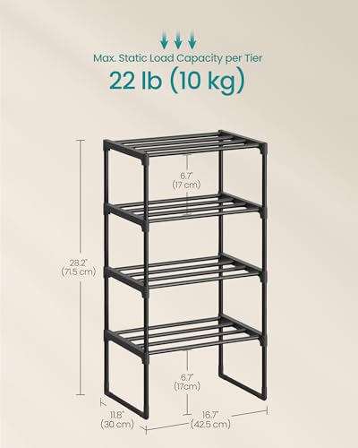 SONGMICS 신발장, 4단 신발 정리함, 금속 보관 선반, 수직 또는 거꾸로, 5-10쌍, 쌓을 수 있음, 입구용, 29.5 x 41.9 x 71.1cm(11.8 x 16.7 x 28.2인치), 블랙 ULSA004B01 - color: 블랙., size: 4 Tiers (16.7"W)