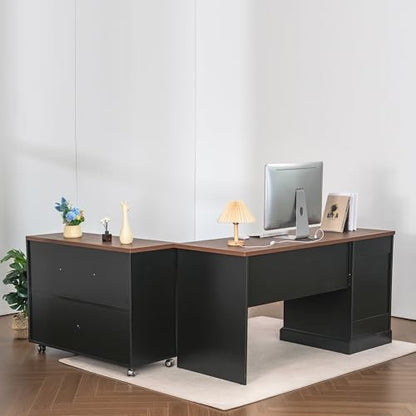 60" Professional Office Desk with 40" Mobile File Cabinet,Business Desk with Charging Station,L Shaped Executive Desk Set for Office Work,Home Study - color: Walnut & Black