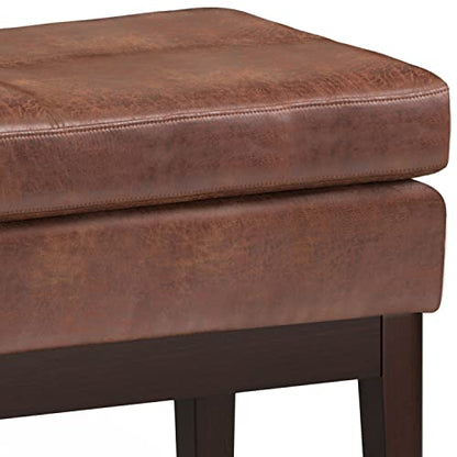 SIMPLIHOME Carlson 27" Wide Woven Fabric Rectangle Ottoman in Saddle Brown | Distressed saddle brown, mid-century modern ottoman with a padded seat for bedroom or living room; footstool or bench. - color: Distressed Saddle Brown, style: Small Ottoman Benc