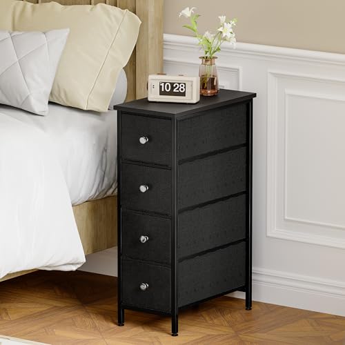 Fixwal Narrow Storage Cabinet, Slim Dresser with 4 Fabric Drawers, Black | 9.5in width, sturdy & stable structure, solid steel frame, wooden top, suitable for bedroom, bathroom & laundry room - color: Black, size: 16.5"D x 9.5"W x 29.5"H (4 Drawers)