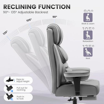 BestGlory Office Desk Chair, Big and Tall Leather Gaming Chair with Footrest, Wide Ergonomic Comfy Executive High-Back Reclining Computer Chairs, Swivel Rolling Wheels and Padded Lumbar Support, Gray - color: Grey, style: 3 Position Reclining