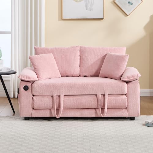 3-in-1 Convertible Sofa Bed, Upholstered Pull Out Loveseat Sleeper Sofabed | Foldable Loveseat Sleeper Couch with Pillows & Cushion, Space‑Saving Lounge Mattress Sofa for Living Room/Apartment, Pink - color: Pink