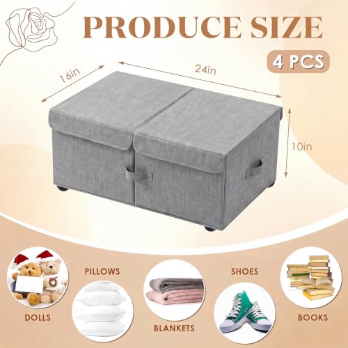 바퀴가 있는 침대 아래 보관함, 25.4cm(10인치) 높이 65L 대용량 접이식 침대 밑 보관함, 뚜껑 및 손잡이, 의류 담요용 침대 아래 컨테이너, 쉽게 조립할 수 있음, 그레이 - color: 회색., size: 65 L