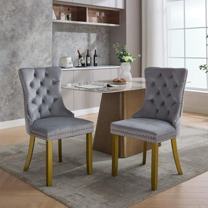 KEIKI Velvet Dining Chair, Upholstered Tufted Accent Seat | with Golden Solid Wood Legs for Dining Room Kitchen Room, Light Gray - color: Light Gray