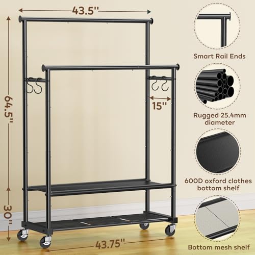 Rolling Clothes Rack with Doule Rod for Hanging, Heavy Duty Metal Garment Rack Load 450 LBS with Lockable Wheel, Free Standng Clothing Rack with 2 Shelves and Side Hooks for Home Commercial, Black - color: Black
