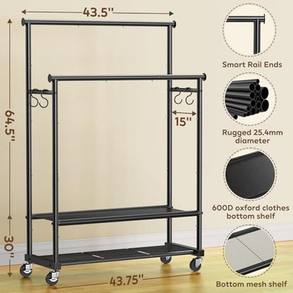 Rolling Clothes Rack with Doule Rod for Hanging, Heavy Duty Metal Garment Rack Load 450 LBS with Lockable Wheel, Free Standng Clothing Rack with 2 Shelves and Side Hooks for Home Commercial, Black - color: Black