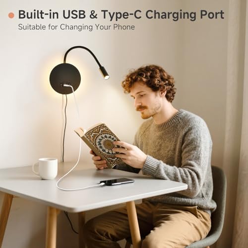 Wall Mounted Reading Light with USB & USB-C Charging Port, Plug-in LED Headboard Reading Light, with Ambient Lighting, Bedside Spot Wall Lamps with Flexible Gooseneck, Black Finished - color: Not Dimmable/Warm White/USB&USB-C