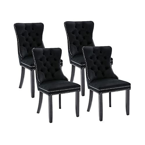 Virabit Tufted Chairs Set of 4, Black Velvet Upholstered Chairs with Nailhead Back and Ring Pull Trim for Kitchen/Bedroom/Dining Room - color: Black, size: set of 4