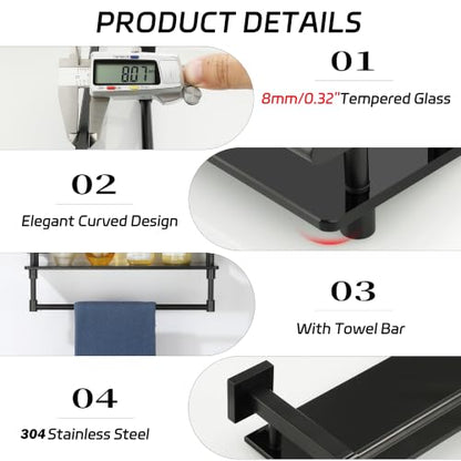 Alise Bathroom Shelf with Towel Bar,16 Inch Matte Black Glass Shelf | Floating Bathroom Glass Shelves,Tempered Glass,SUS304 Stainless Steel - color: Matte Black, size: 16 In