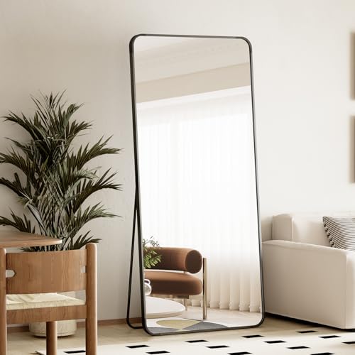 BEAUTYPEAK 66" x 23" Rounded Corner Full Length Mirror with Stand, Black | Aluminum Alloy Frame with Standing, Leaning, or Wall-Mounted, Ideal for Bedroom, Dressing Room, Entryway, and Living Room - color: Black, size: 66"L x 23"W