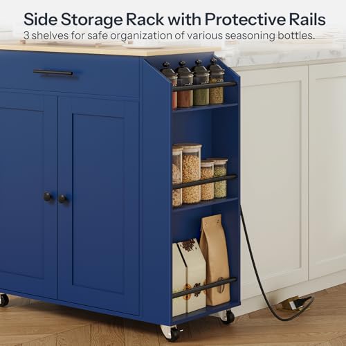 HOOBRO Kitchen Island with Power Outlet, Kitchen Storage Island with Spice Rack and Drawer, Rolling Kitchen on Wheels, for Home, Dining Room, Natural and Blue UN82UZD01G1 - color: Natural + Blue