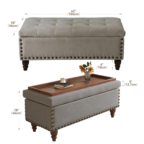 42'' End of Bed Storage Bench with Dual-Surface Lid, Upholstered Ottoman with Hidden Storage, Chenille Bench Seating with Wood Panel Seat for Entryway,Living Room,Bedroom-Gray - color: 3-gray