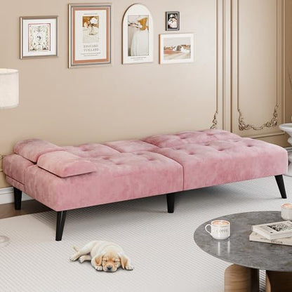 Futon Sofa Bed, Small Convertible Sofa Couch Recliner, 64 in Adjustable Sofa Bed for Living Room, Removable Armrest Pillows, Pink - color: Pink
