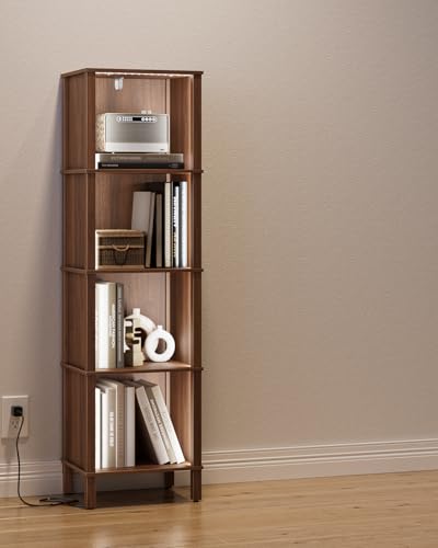 Book Shelf with LED Lights, Modern 4-Tier Bookcase, Open Storage Bookshelf, 11 × 14.2 × 50.4 Inches, Small Narrow Bookshelves for Living Room, Home Office, Bedroom, Walnut - color: Walnut