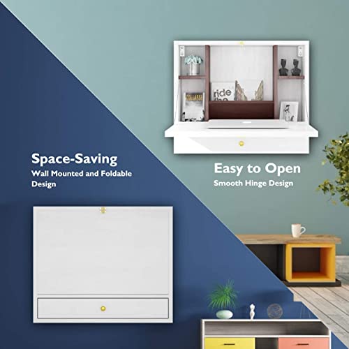 GRAFFY Wall Mounted Table, Multifunctional Folding Hanging Storage Cabinet, Space Saving Computer Desk w/Storage Drawer and Shelves, Wall Mount Laptop Desk for Home Office (White)