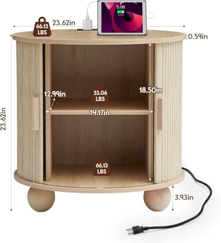 Fluted Round End Table with Charging Station, 24" Side Table,Natural | Large Farmhouse Sofa Side Table Living Room, Mid-Century Wood Nightstand with Sliding Tambour Door & Storage, Round End Table - color: Natural