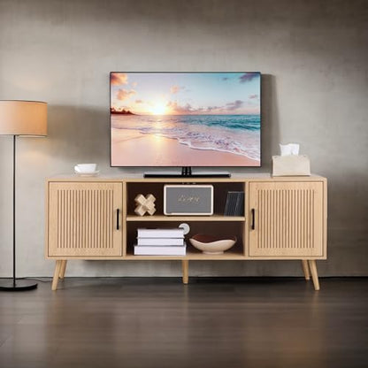 Modern TV Stand for 65 Inch TV, Oak Entertainment Center with Storage | Modern Fluted Boho Design, Adjustable Shelf, 4 Cable Management Holes, Stable Support TV Console for Living Room & Bedroom