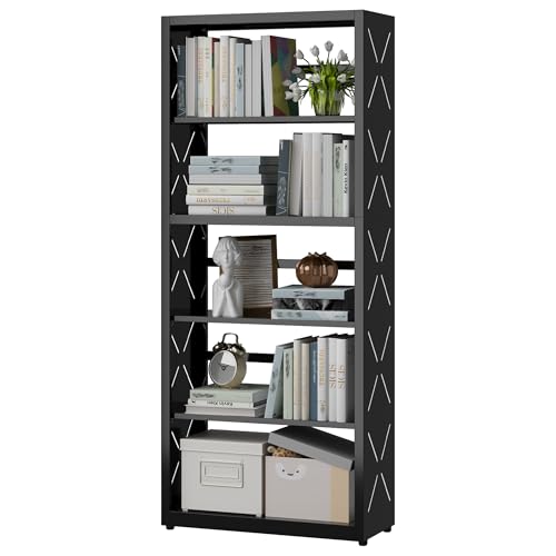 SteeLoong 5 Tier Bookcase,Metal Bookshelf with Adjustable Feet & Shelves | 55"H Black Book Shelf with Bookends,Tall Bookcase for Books & Decor,Modern Open Storage Shelves for Office,Kitchen,Garage - color: Black, size: 5-Tier 23"W