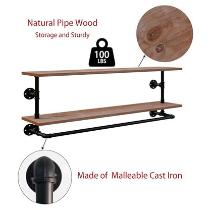 Clothes Rack 36/42/48in, Wall Mounted Garment Rack with Real Wood Shelf, Heavy Duty Hanging Clothes Rack, Multi-Purpose Hanging Rod, Space-Saving Closet Storage (1T36IN) (2T48IN) - color: Brown, size: 2T48IN