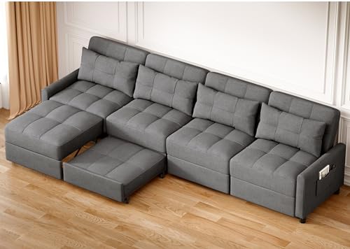 Aiho Pull Out Couch 5 Seater Sectional Sleeper Sofa, Dark Gray | Pull-out Sofa Bed with Adjustable Backrest and Spring Support for Comfortable Seating and Overnight Guests - size: 5 Seater