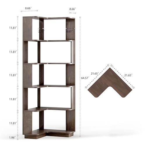 GDFStudio 64.6" Tall L-Shaped Corner Bookshelf, 6-Tier Freestanding Corner Shelf Bookcase with Anti-Drop Panels, Wooden Open Back Display Shelves Organizer for Living Room Bedroom Office, Dark Brown - color: Dark Brown