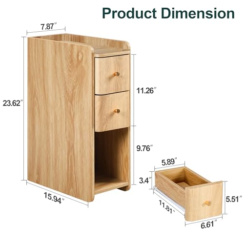 Narrow Nightstand Set of 2, Wooden Small 2 Drawer Nightstand, Slim Side End Table, Skinny Bedside Table, Mid Century Modern Night Stand with Drawers for Bedroom (Natural-2 pcs) - color: Natural-2 Pcs
