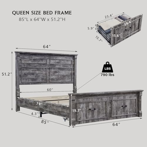 Aitjunz Farmhouse Queen Size Bed Frame with 51" Tall Headboard, Wood Platform Bed Frame with 20" Tall Roman Column Decoration Footboard & 2 Large Storage Drawers, No Box Spring Needed (Light Grey) - color: Black, size: Queen