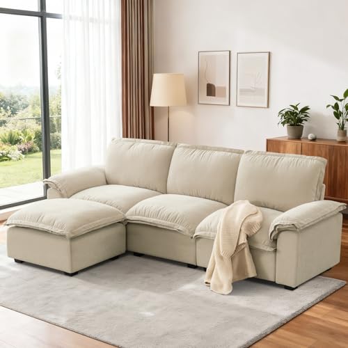 HALLYBEE Cloud Couch Sectional Modular Sofa for Living Room Ivory Beige | Modular Sectional Cloud Couch with Movable Ottoman, L-Shaped, 3-Seater, Chenille Fabric, Removable Cushion Covers, Apartment - color: Ivory Beige