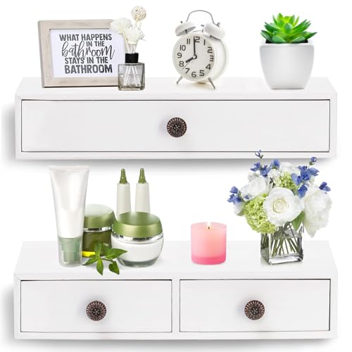 Yesland 2 Packs Space-Saving Floating Nightstand with Drawer - Perfect for Small Spaces - Supports 11 lbs - Compact Wall Mount Rustic Wood Floating Drawers - White