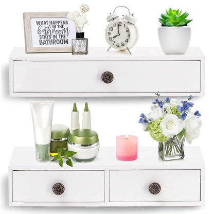 Yesland 2 Packs Space-Saving Floating Nightstand with Drawer - Perfect for Small Spaces - Supports 11 lbs - Compact Wall Mount Rustic Wood Floating Drawers - White