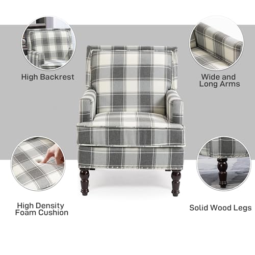 Accent Chair, Plaid Gingham Comfy Cozy Modern Accent Chairs | Mid-Century Upholstered Lounge Arm Chair with Solid Wood Frame for Living Room/Bedroom-Gray Plaid - color: Sackcloth-gray Plaid(s001)
