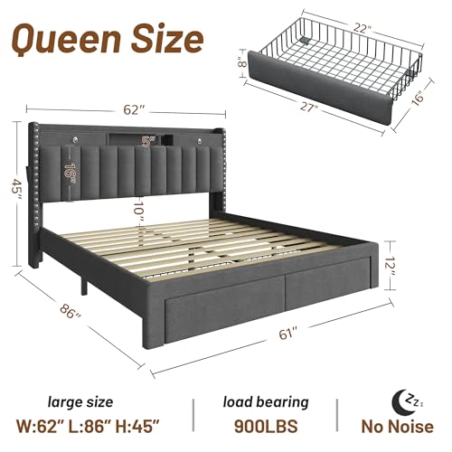 CypBed Queen Bed Frame with Headboard ＆ 4 Storage Drawers & Dark Grey | Fabric Platform Bed Frame with 3 USB & Type-C Charging Ports, Solid Wood Slats, No Box Spring Needed, No-Noise,Gift - color: Grey, size: Queen