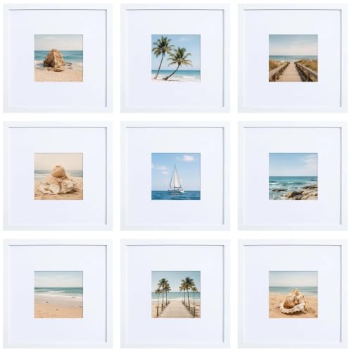 HEART ART 8x8 Picture Frame Set of 9, Display Pictures 4x4 with Mat or 8 x 8 without Mat, Multi Gallery Square Photo Frames for Wall,White | Gallery Wall Frame Set, Collage, Square Picture Frames - color: White, size: 8x8 for 4x4