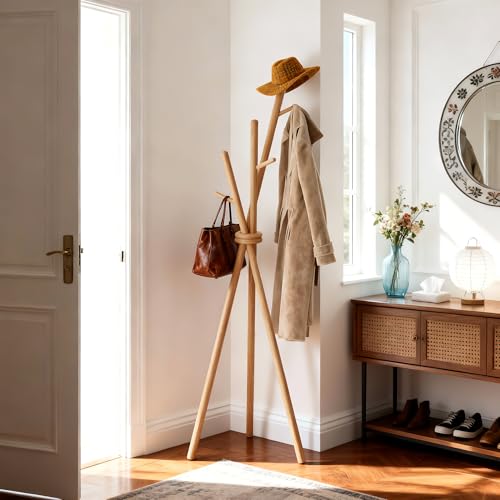 VICITON Wooden Coat Rack, Tripod Coat Tree Freestanding with 3 Hooks for Clothes, Hats and Handbags, Coat Hanger Stand for Bedroom, Living Room, Entryway (Light) - color: Light